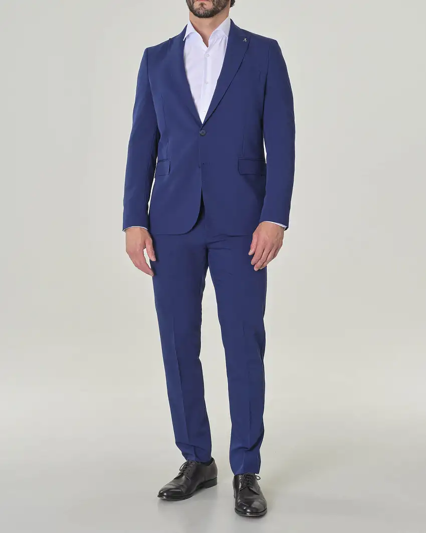 Abito blu royal in tela di viscosa stretch con rever a lancia