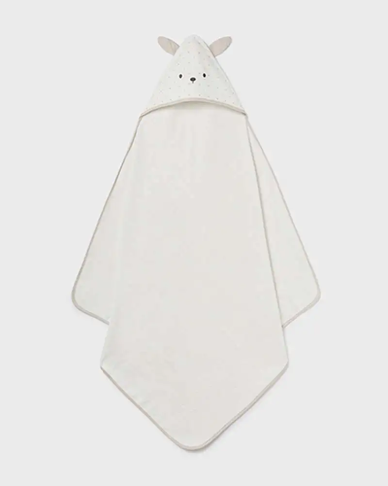 Asciugamano a mantella color avorio in puro cotone con cappuccio ed orecchie applicate