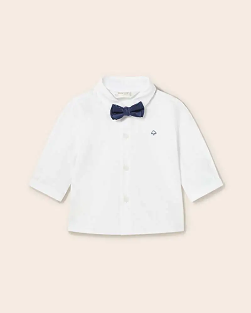 Camicia bianca in popeline di cotone con papillon blu indaco in twill 6-18 mesi