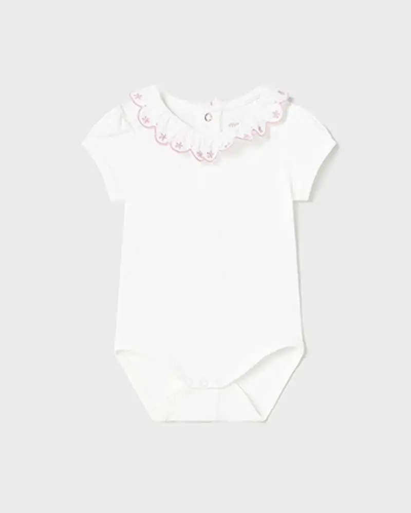 Body bianco in cotone stretch a maniche corte con scollo a cappette e ricamo rosa 6-18 mesi