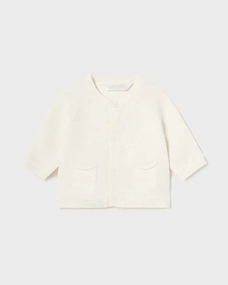Cardigan avorio in puro cotone con maniche raglan e tasche applicate 4-12 mesi