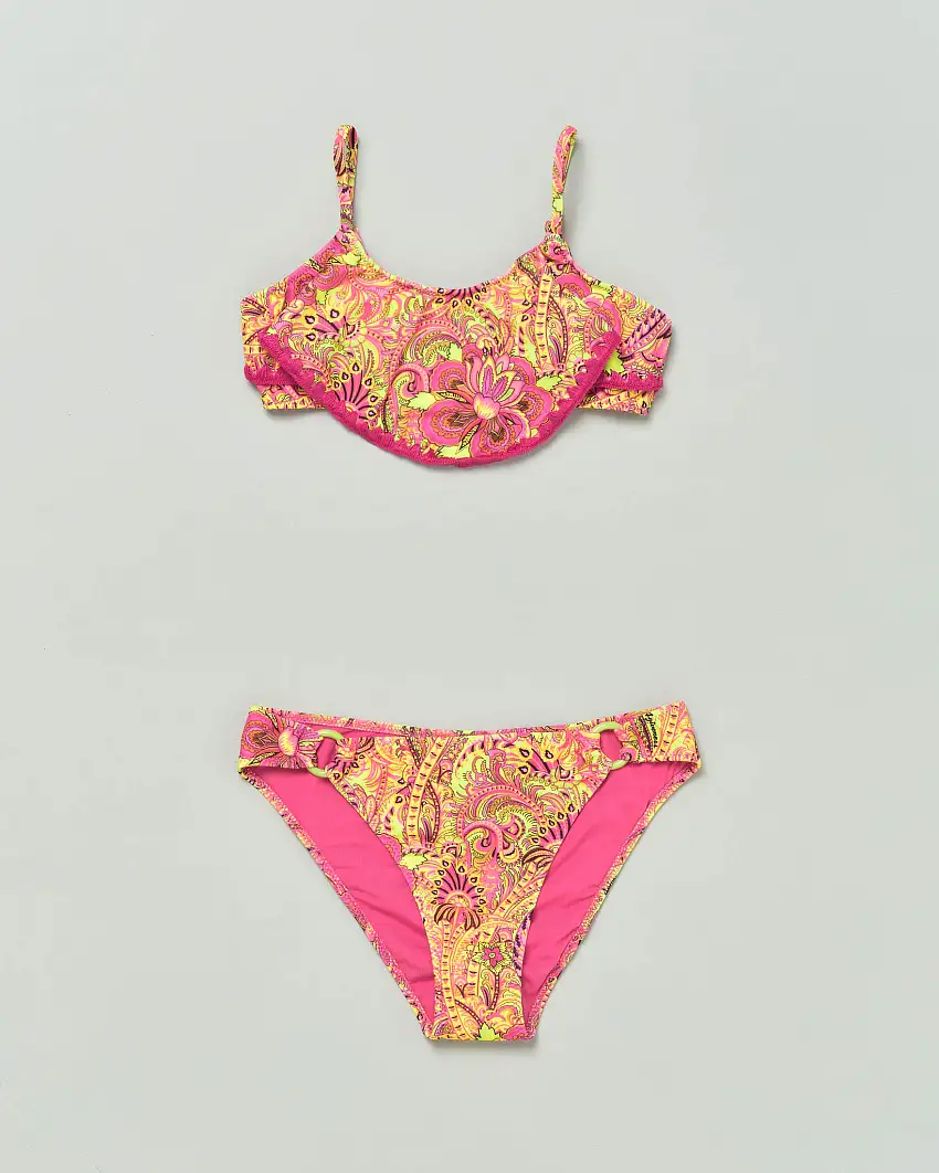 Bikini fucsia e giallo a fascia in tessuto stretch con fantasia bandana