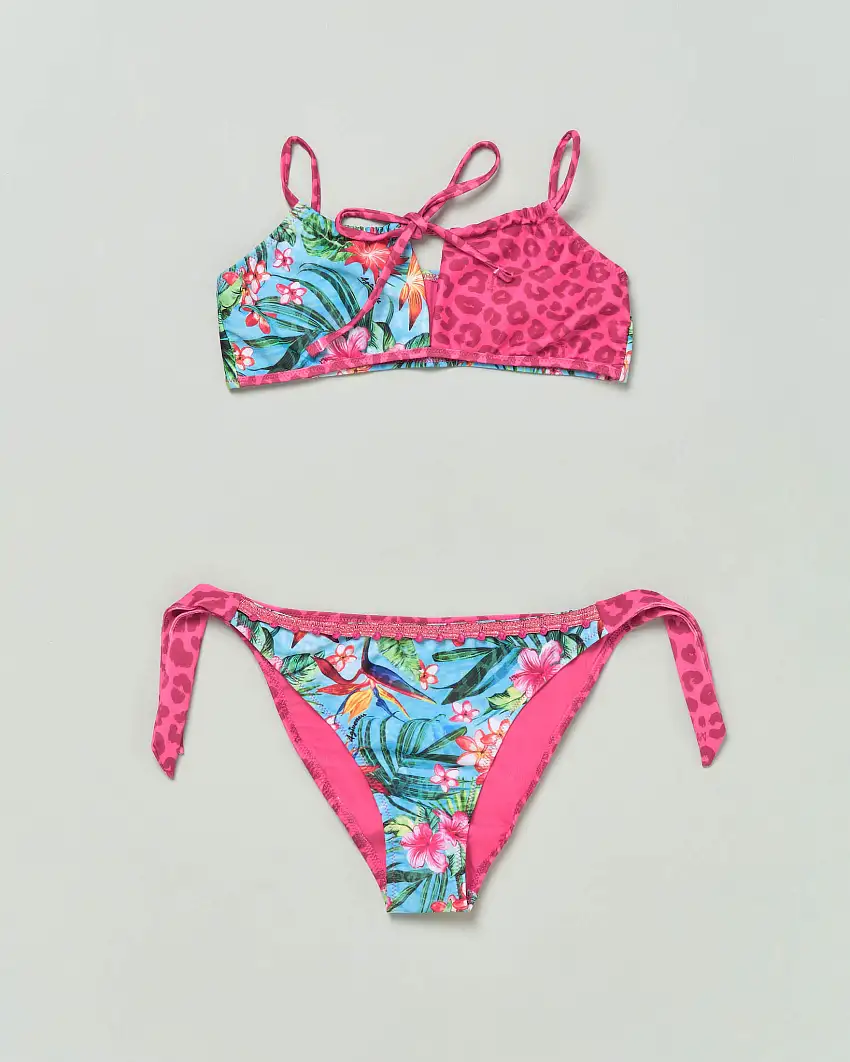 Bikini con top in fantasia animalier fucsia e fantasia jungle in tessuto stretch