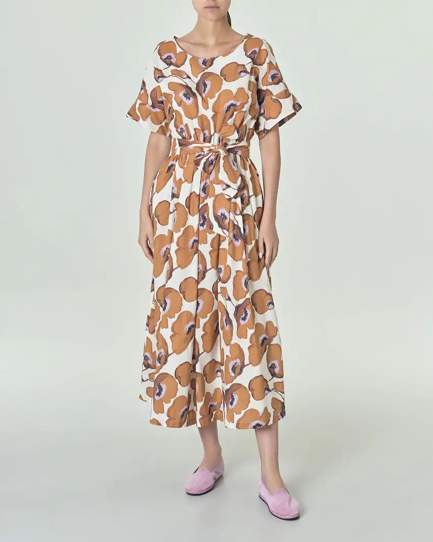 Abito lungo avorio a mezze maniche in puro cotone a maxi fantasia floreale coccio e lilla