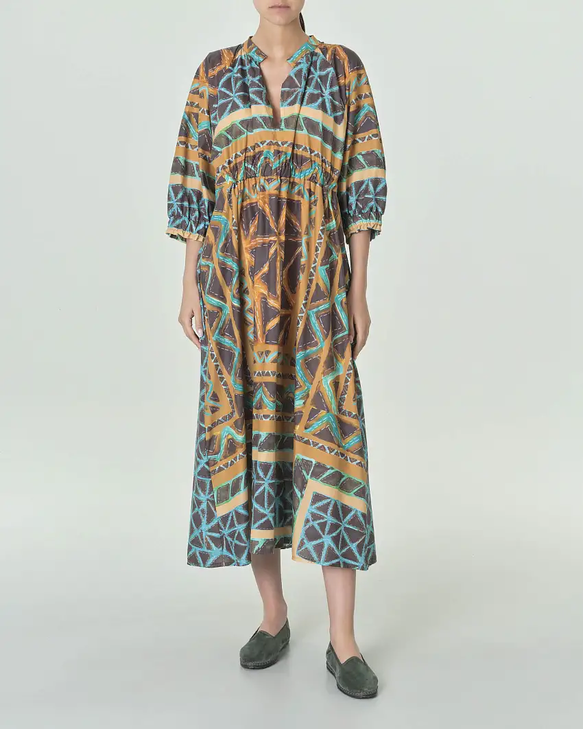 Abito lungo ampio color ocra in puro cotone a fantasia afro moro e turchese con maniche raglan