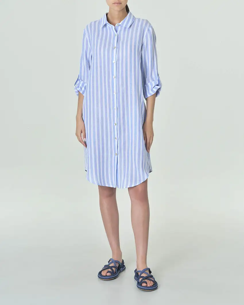 Abito chemisier al ginocchio a righe bianche azzurre in lino con maniche arrotolabili