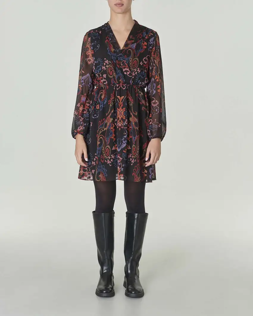 Abito corto nero in creponne a fantasia disegni cachmere multicolore con maniche lunghe sfoderate