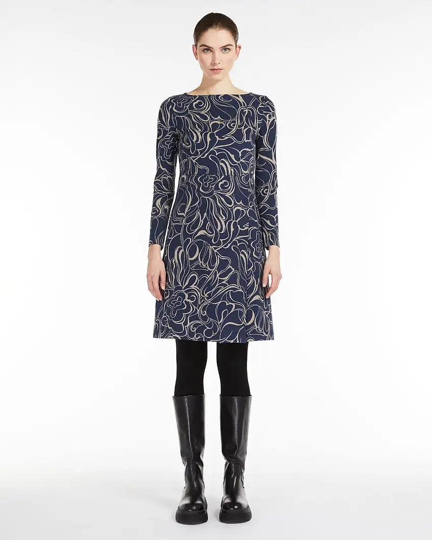 Abito blu corto in misto viscosa a motivo grafico beige con maniche lunghe