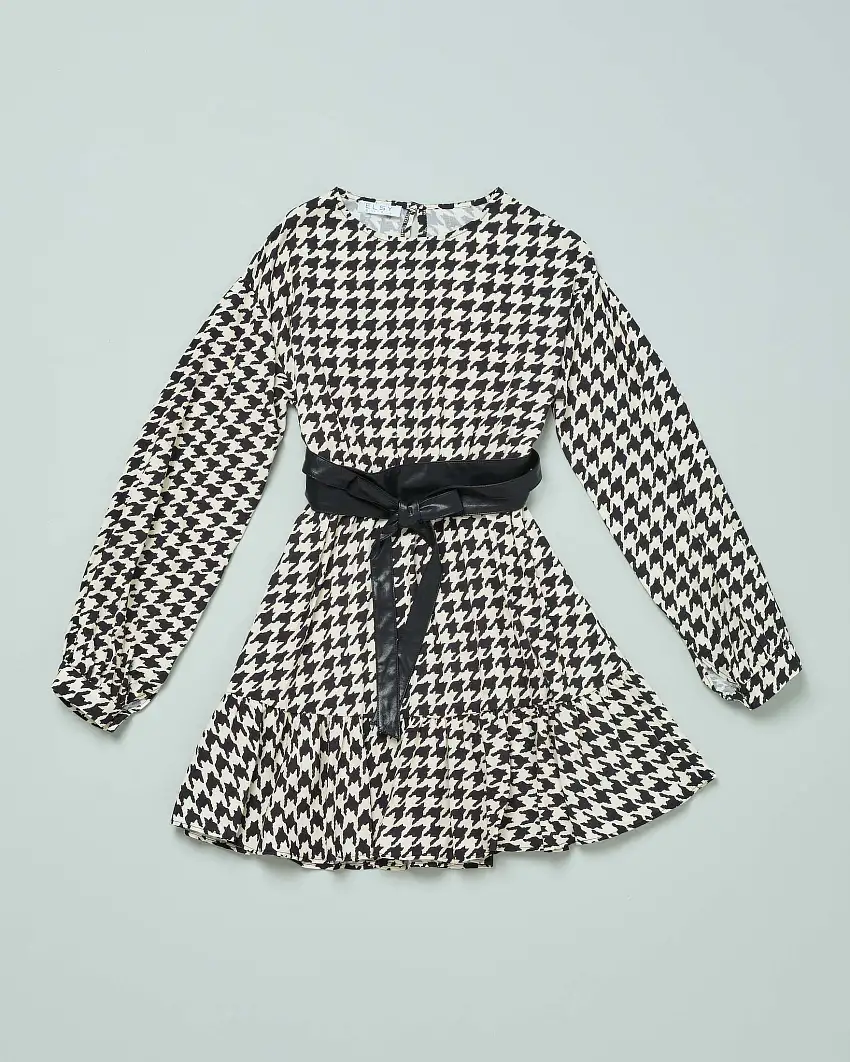 Abito in pied de coque bianco e nero a manica lunga