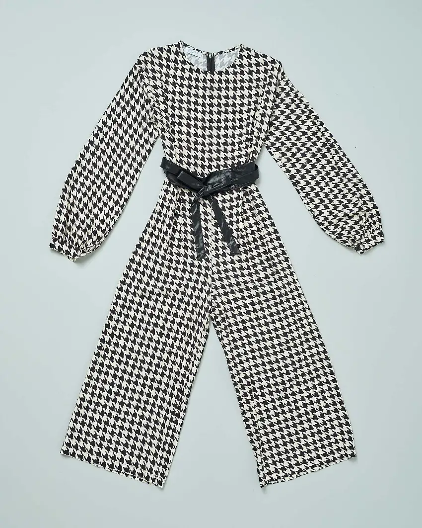 Tuta a palazzo in pied de coque bianco e nero con maniche lunghe