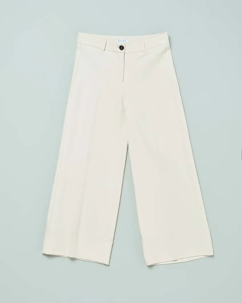 Pantalone avorio con gamba a palazzo e risvolto al fondo