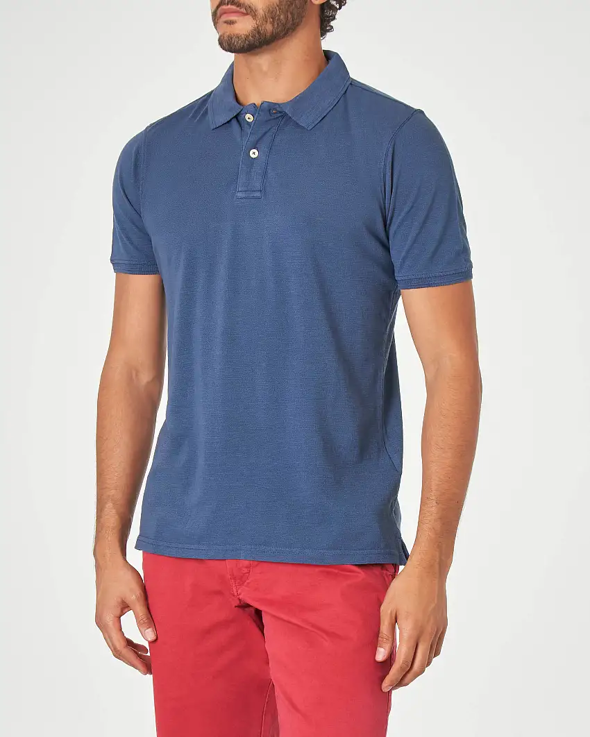 Polo blu indaco in cotone fiammato
