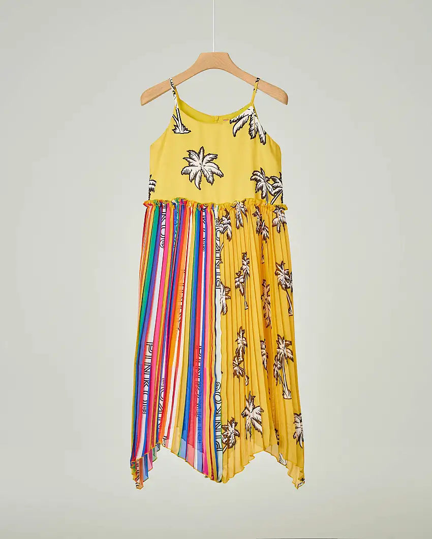Abito giallo senza maniche con stampa palme e gonna multicolor S-2XL