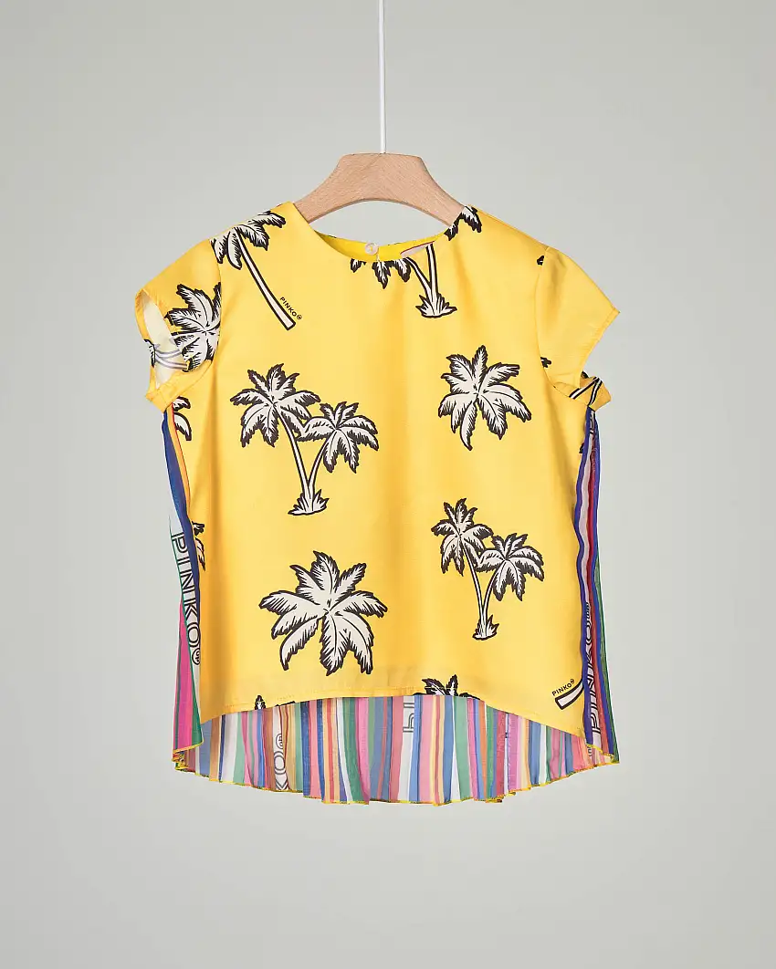 Camicia gialla con stampa palme e inserto plisse multicolor sul retro 2-7 anni