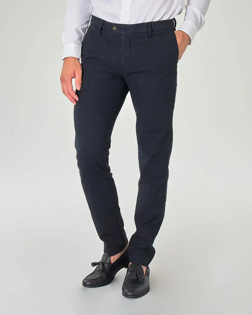 Pantalone chino blu scuro principe di Galles in misto cotone e lino