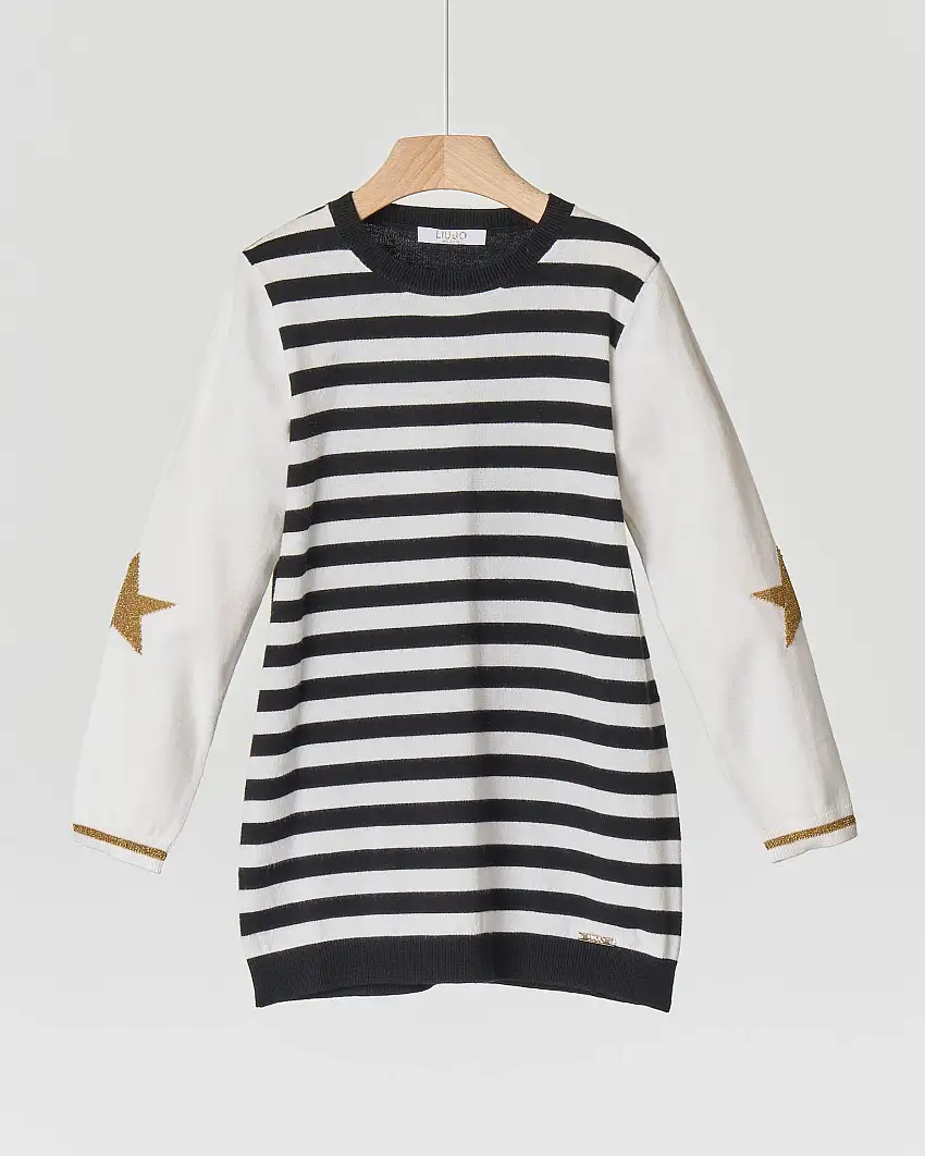 Abito in maglia a righe bianche e nere con stelle in lurex oro sulle maniche 2-6 anni