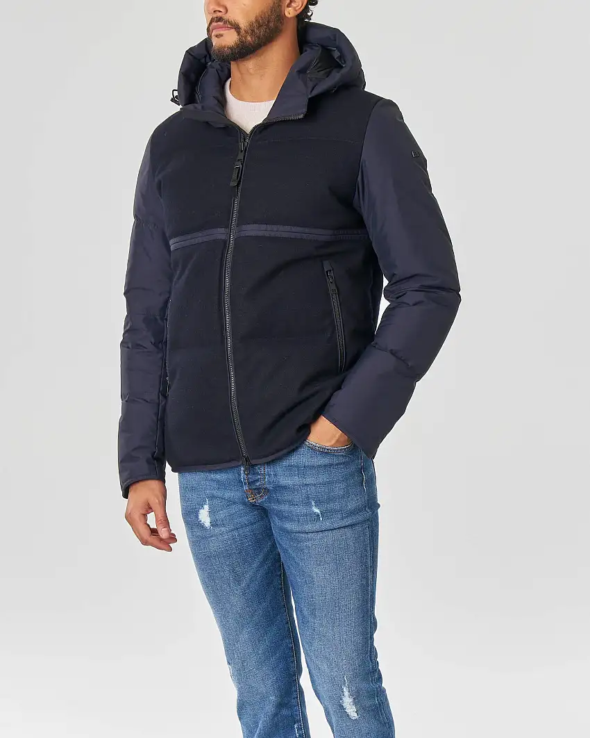 Giubbino Palm blu bimateriale in lana e tessuto tecnico