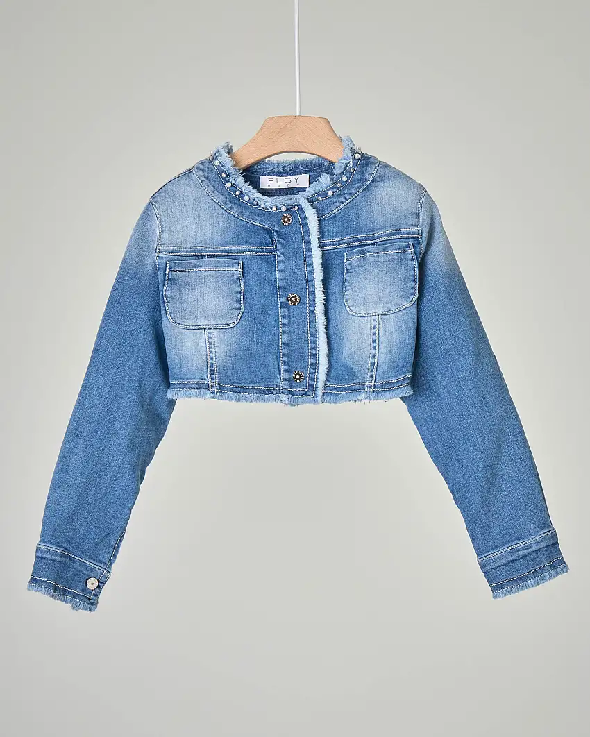 Giacca corta in denim stretch con taschine 5-8 anni