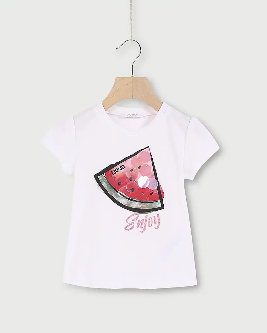 T-shirt bianca con stampa anguria e applicazione di maxi paillettes 3-7 anni