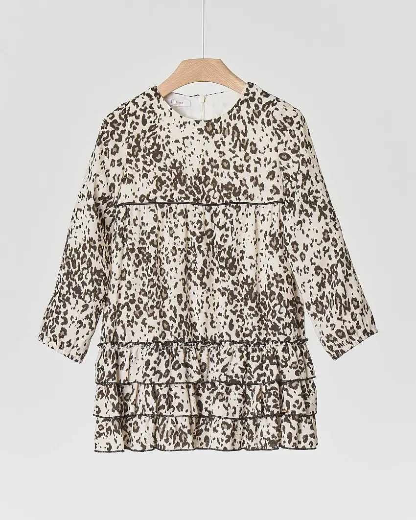 Abito bianco e nero animalier con balze sul fondo 2-6 anni