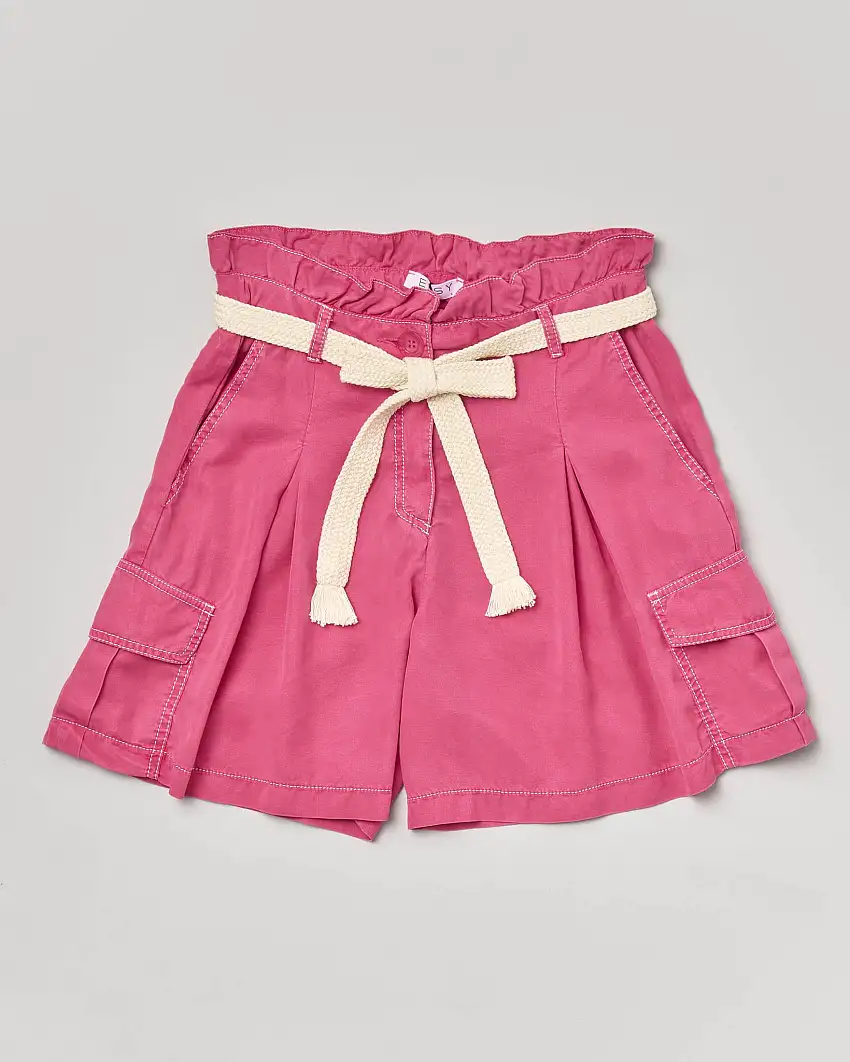 Pantaloncini corti cargo fucsia in tencel con pinces e cintura in vita 40-42