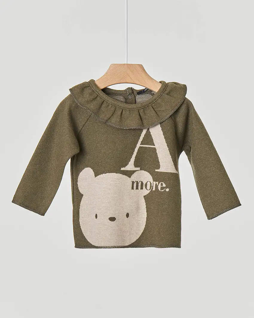 Felpa verde militare con volants e orsetto disegnato 3-12 mesi