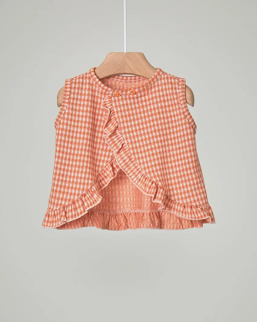 Top in cotone fantasia pied de poule arancione e bianco con volants 3-12 mesi