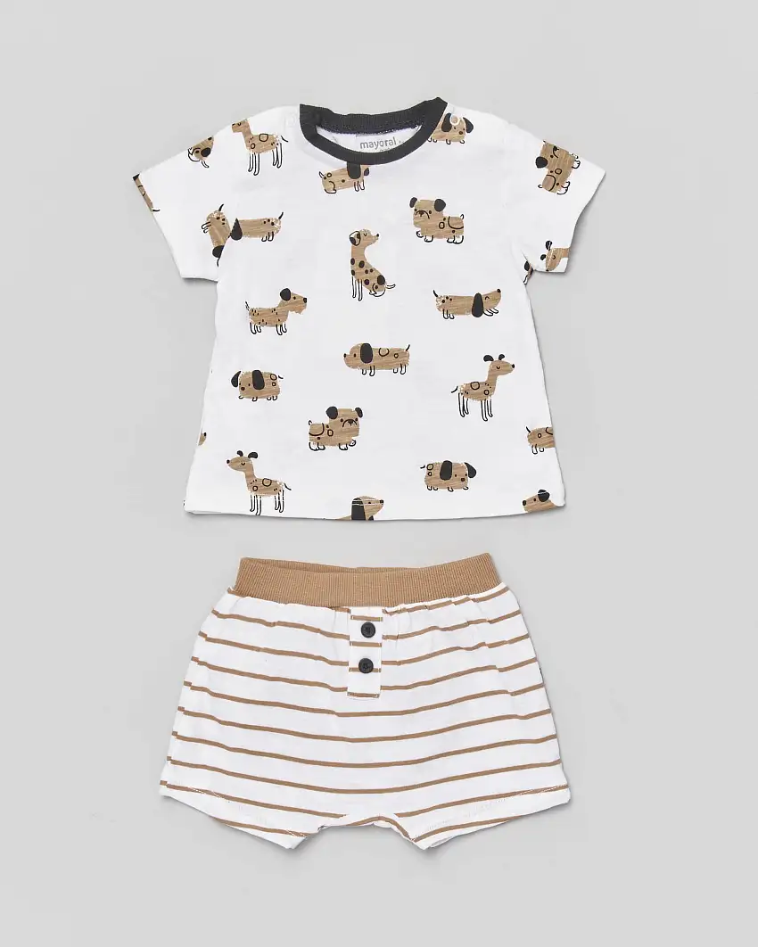 Completino in cotone composto da t-shirt con fantasia cagnolini e pantaloncini a righe avorio e cammello 4-12 mesi