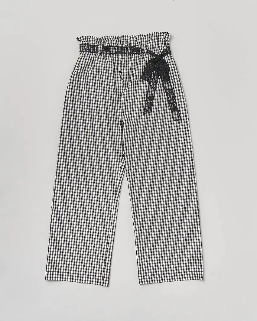 Pantaloni taffetà in fantasia vichy bianca e nera con cintura annodata a fiocco in vita 36-38