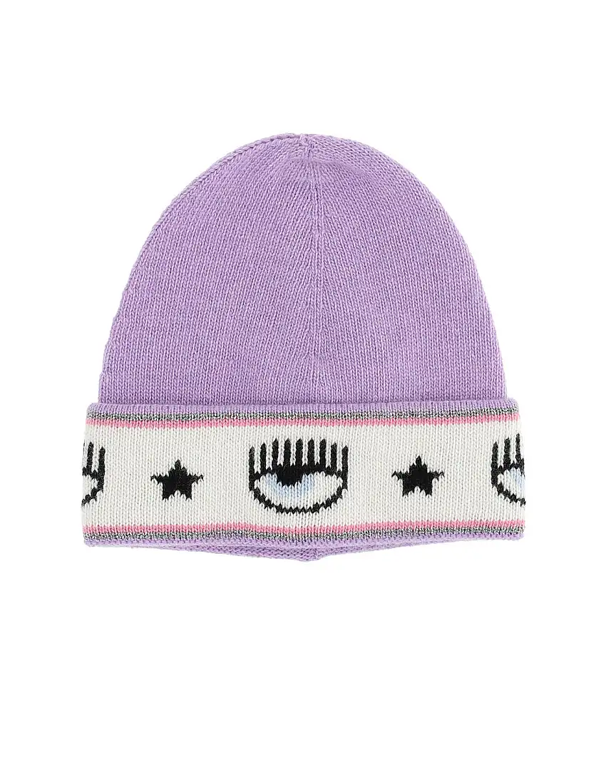 Berretto viola in misto lana e cachemire con risvolto e fascia logo eyestar ripetuta S-L