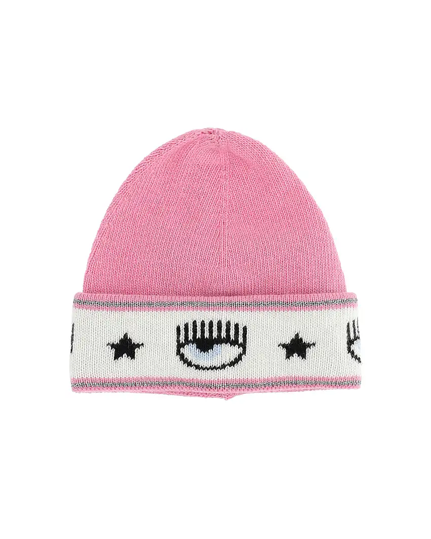 Berretto rosa in misto lana e cachemire con risvolto e fascia logo eyestar ripetuta XXS-XS