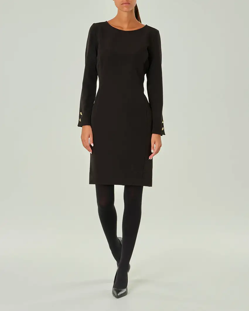 Abito corto a tubino nero in cady stretch con bottoni a specchio dorati sul fondomanica