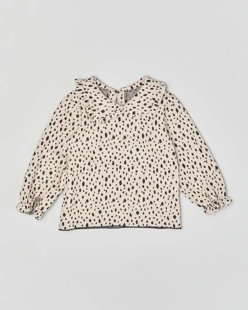 Maglia felpa con stampa animalier all over e colletto con rouche 9-18 mesi
